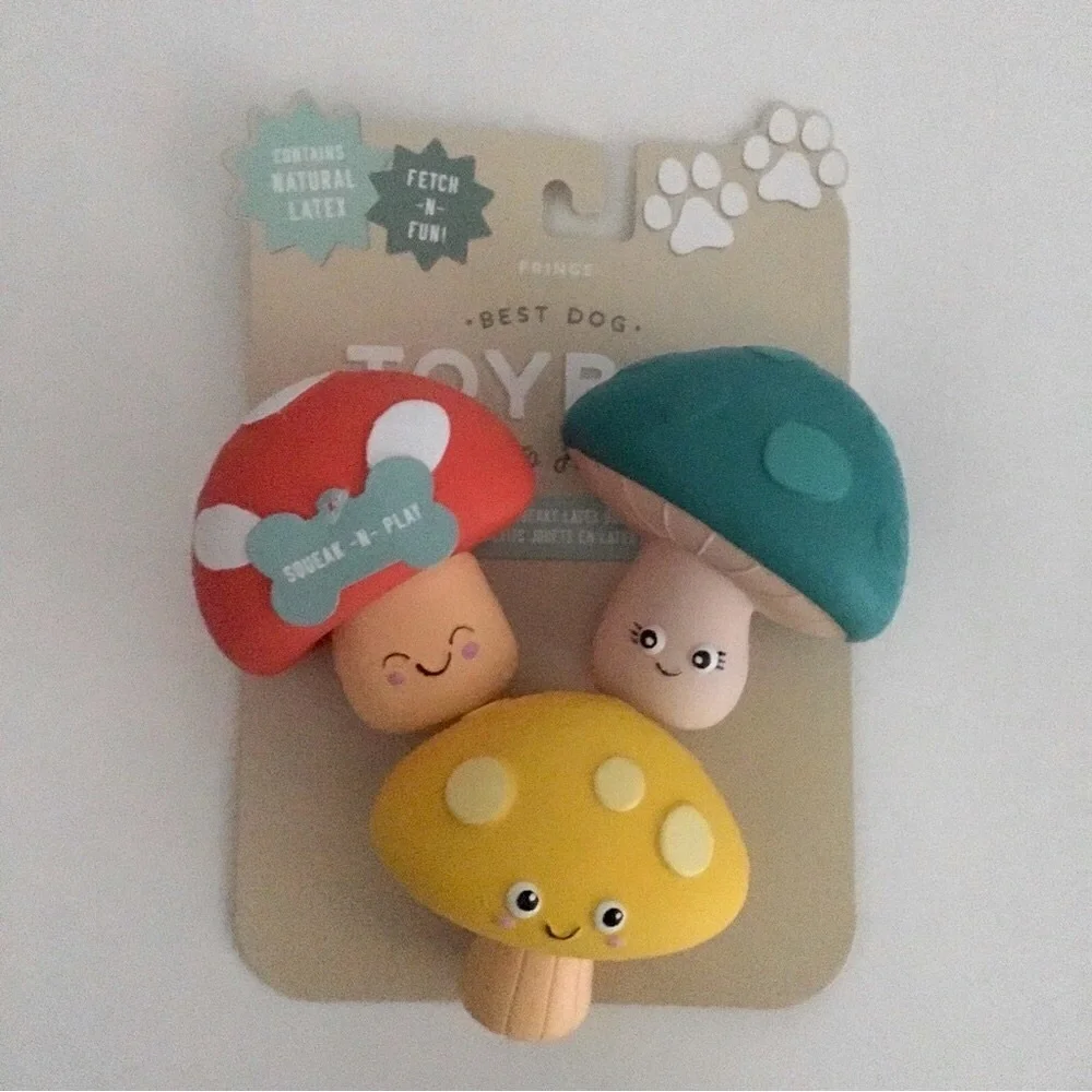 Dog Toys Latex Squeakers Red Yellow Blue Mushrooms “Time to Forage” NEW | Fringe
